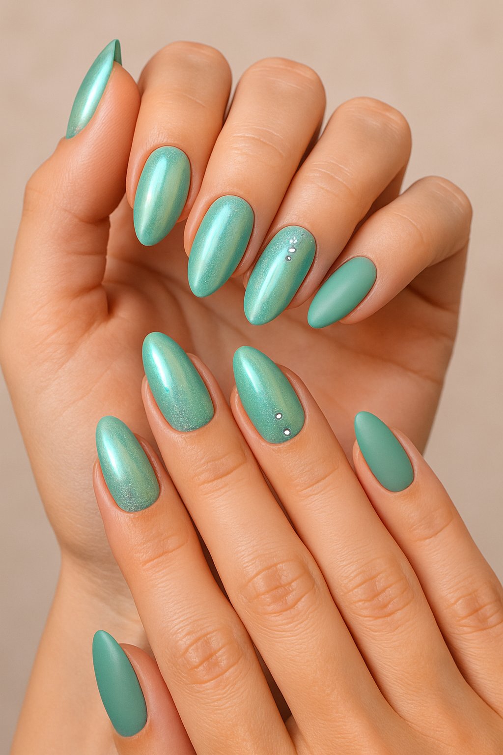 Close-up of hands showing various nail designs in iridescent seafoam green color.