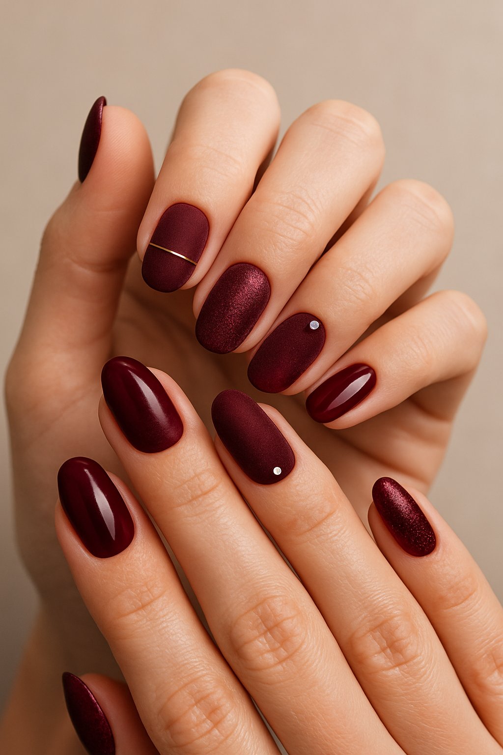 Close-up of hands with elegant deep burgundy velvet nails featuring festive accents.