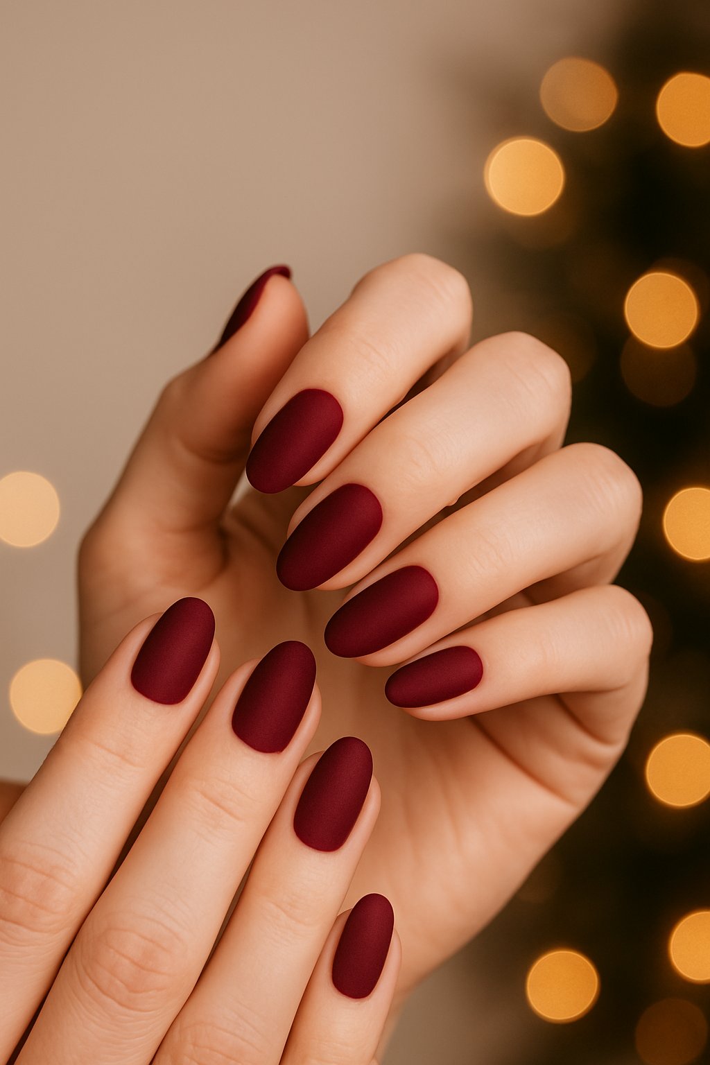 Close-up of female hands with velvet matte burgundy painted nails against a soft neutral background.