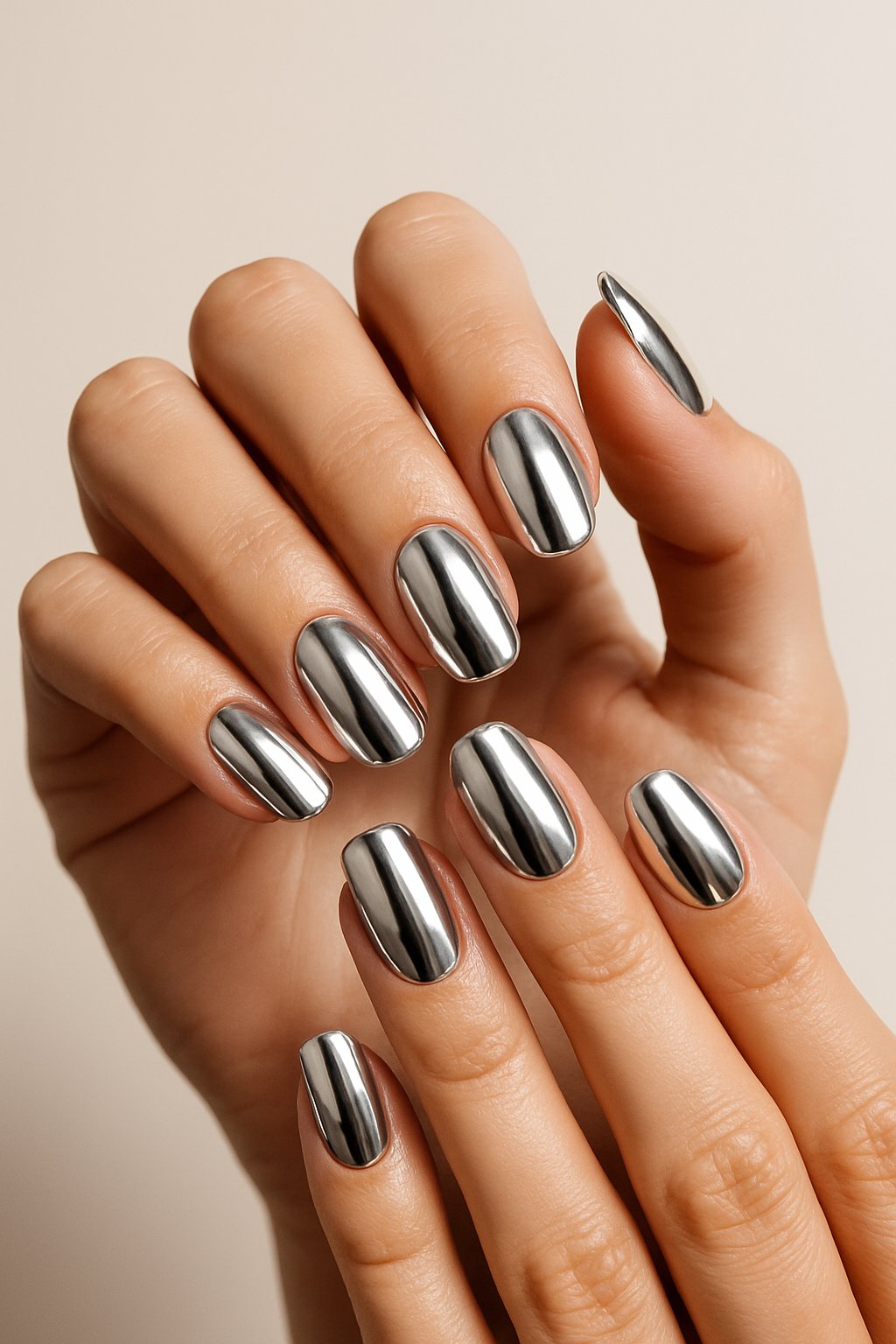 Close-up of hands with shiny silver mirror finish nails against a neutral background.