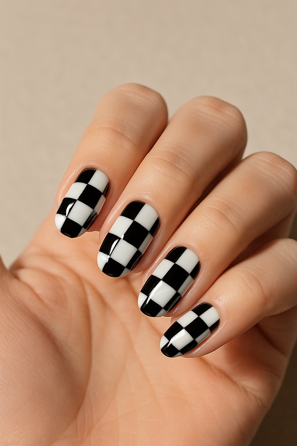 Close-up of a hand with black and white checkerboard patterned nails resting on a neutral background.