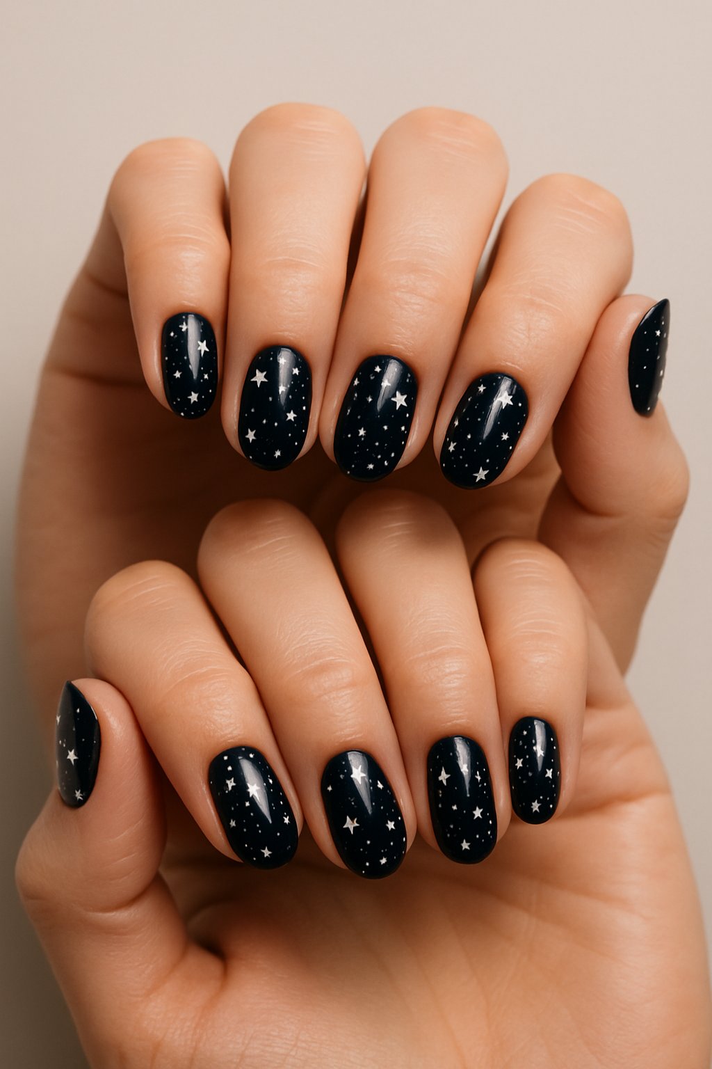 Close-up of hands with nails painted in dark colors decorated with small star-like dots.