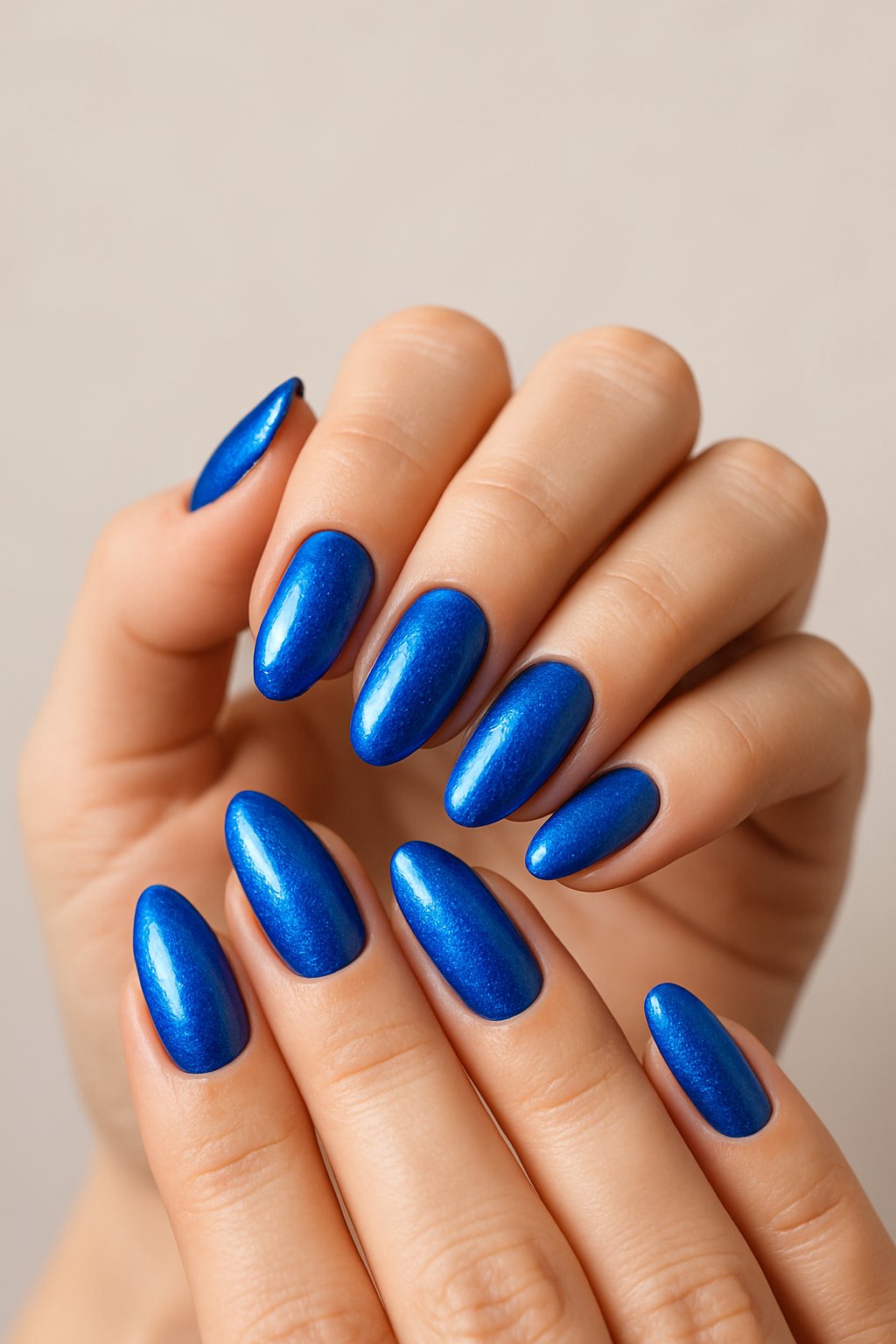Close-up of a woman's hands with electric blue shimmer nail polish on her manicured nails.