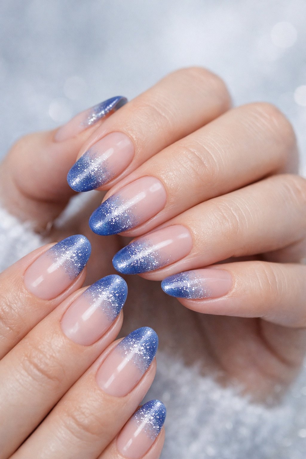Close-up of hands with frosted indigo nails tipped with silver sparkle glitter.