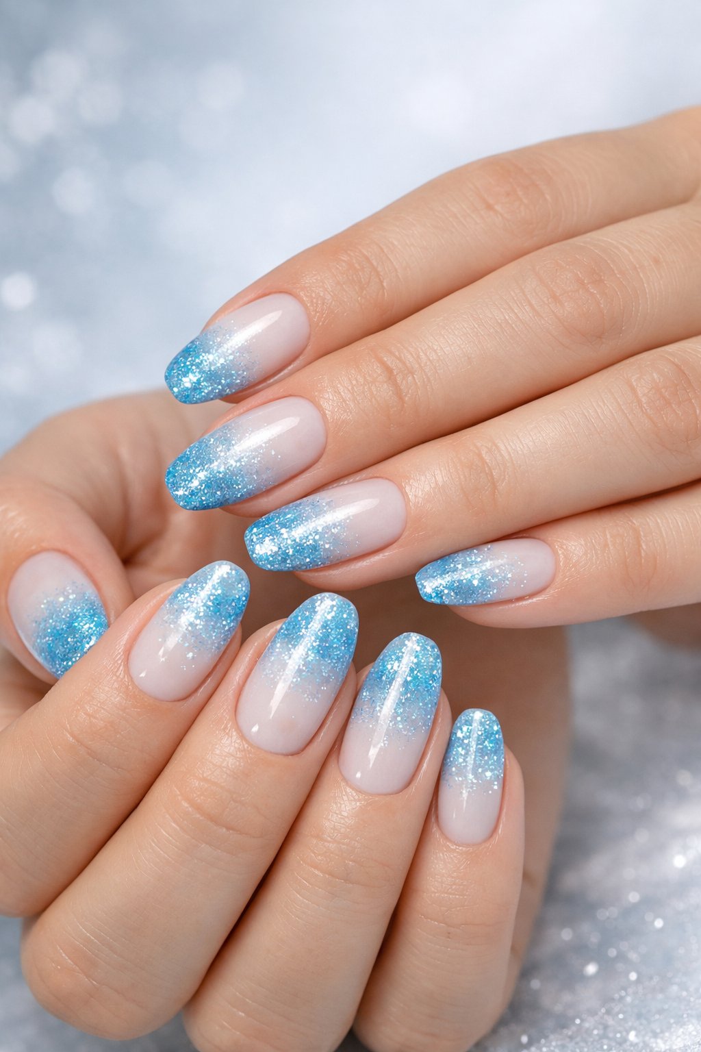 Close-up of hands with nails painted in a glittery ice blue ombre design, showing a smooth gradient from white to blue with sparkle.
