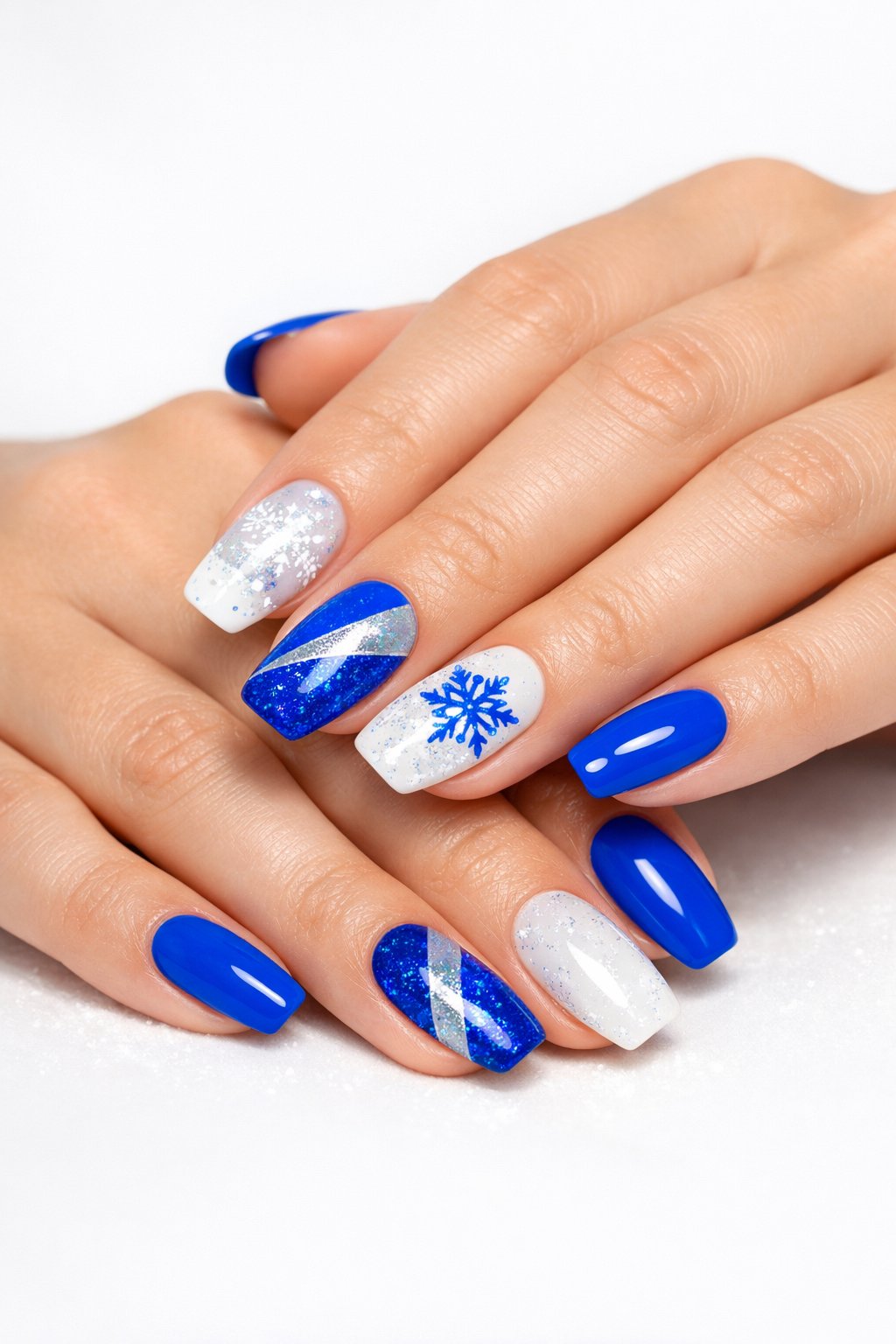 Close-up of hands with blue and white winter-themed nail designs on a white background.