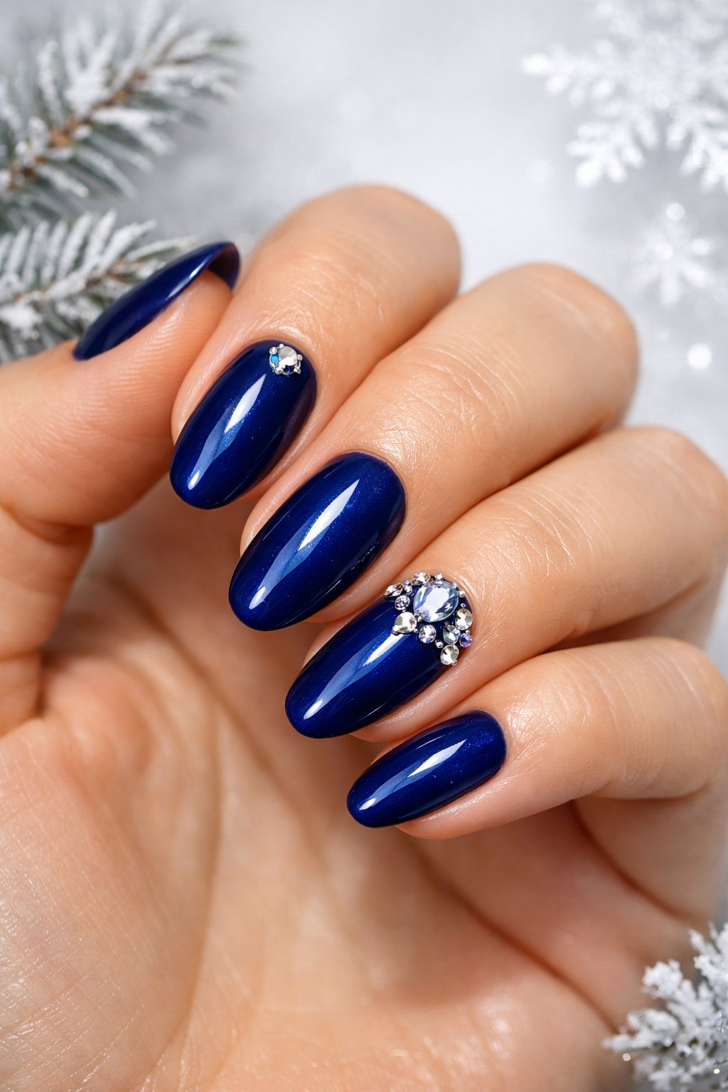 Close-up of a hand with deep blue nails and rhinestone accents against a soft winter-themed background.
