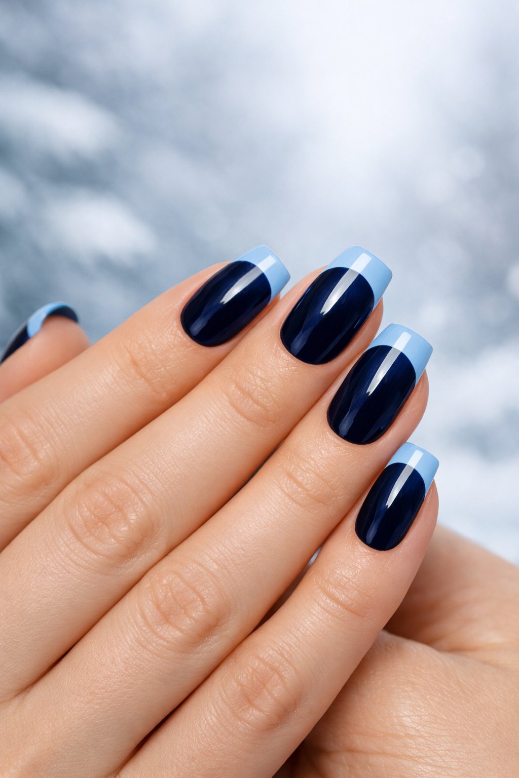 Close-up of hands with midnight blue French tip nails against a soft wintery background.