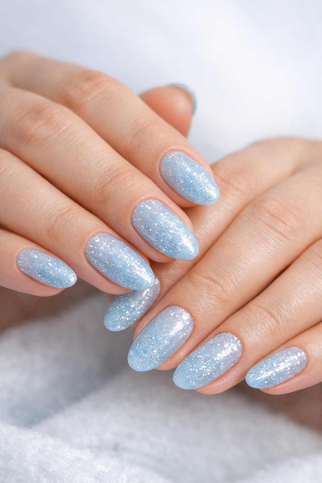 Close-up of hands with powder blue nails featuring a glitter gradient, posed against a soft neutral background.