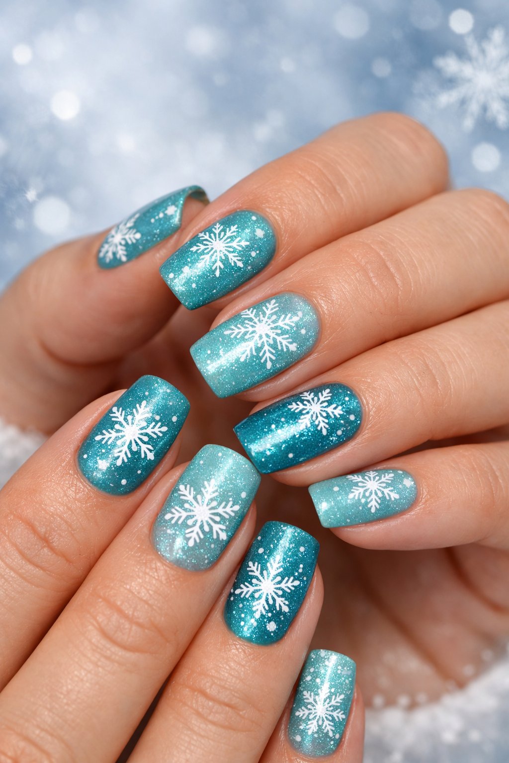 Close-up of hands with turquoise nails decorated with white snowflakes.