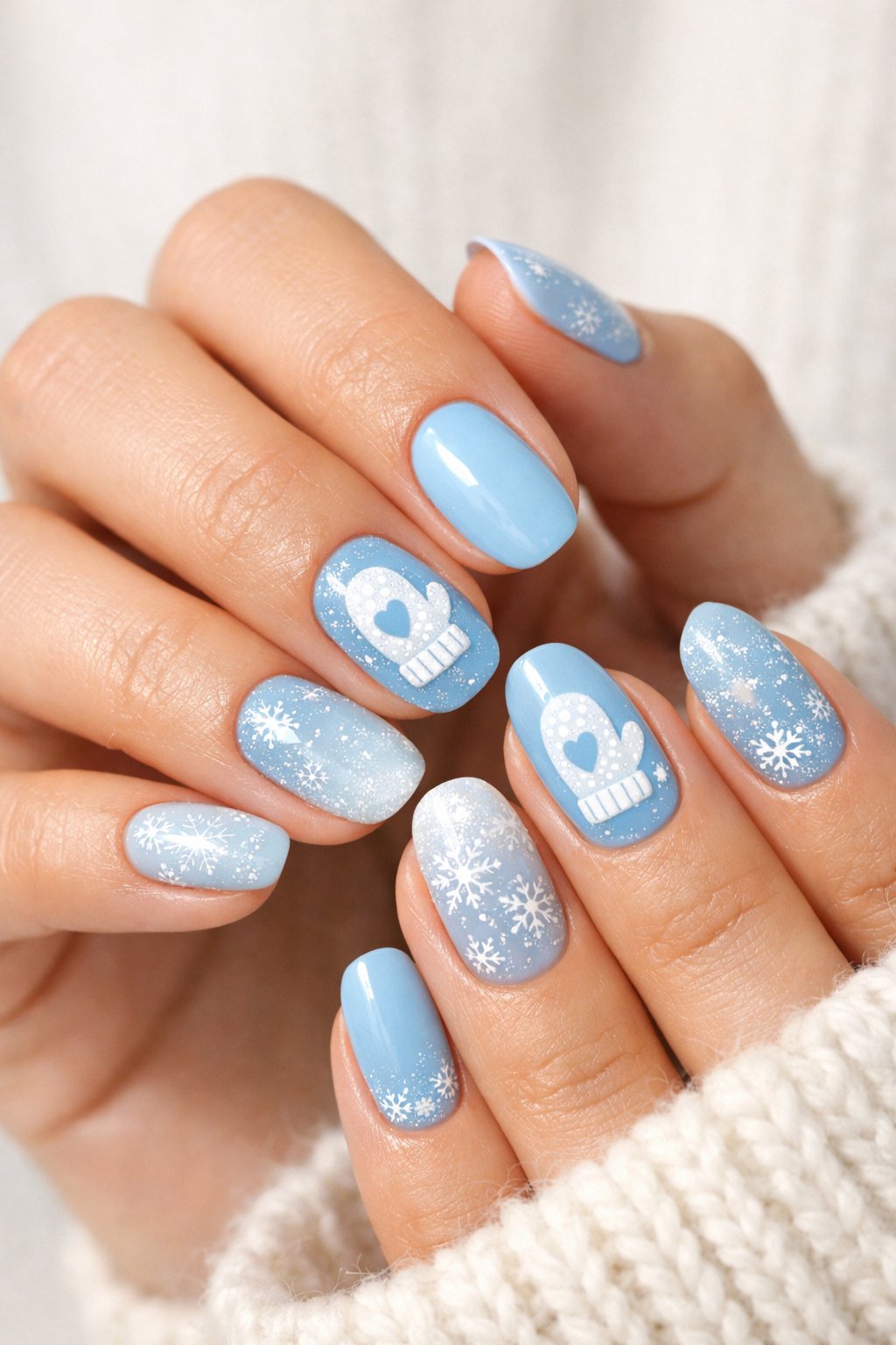 Close-up of hands with baby blue winter-themed nail art featuring tiny mitten designs.