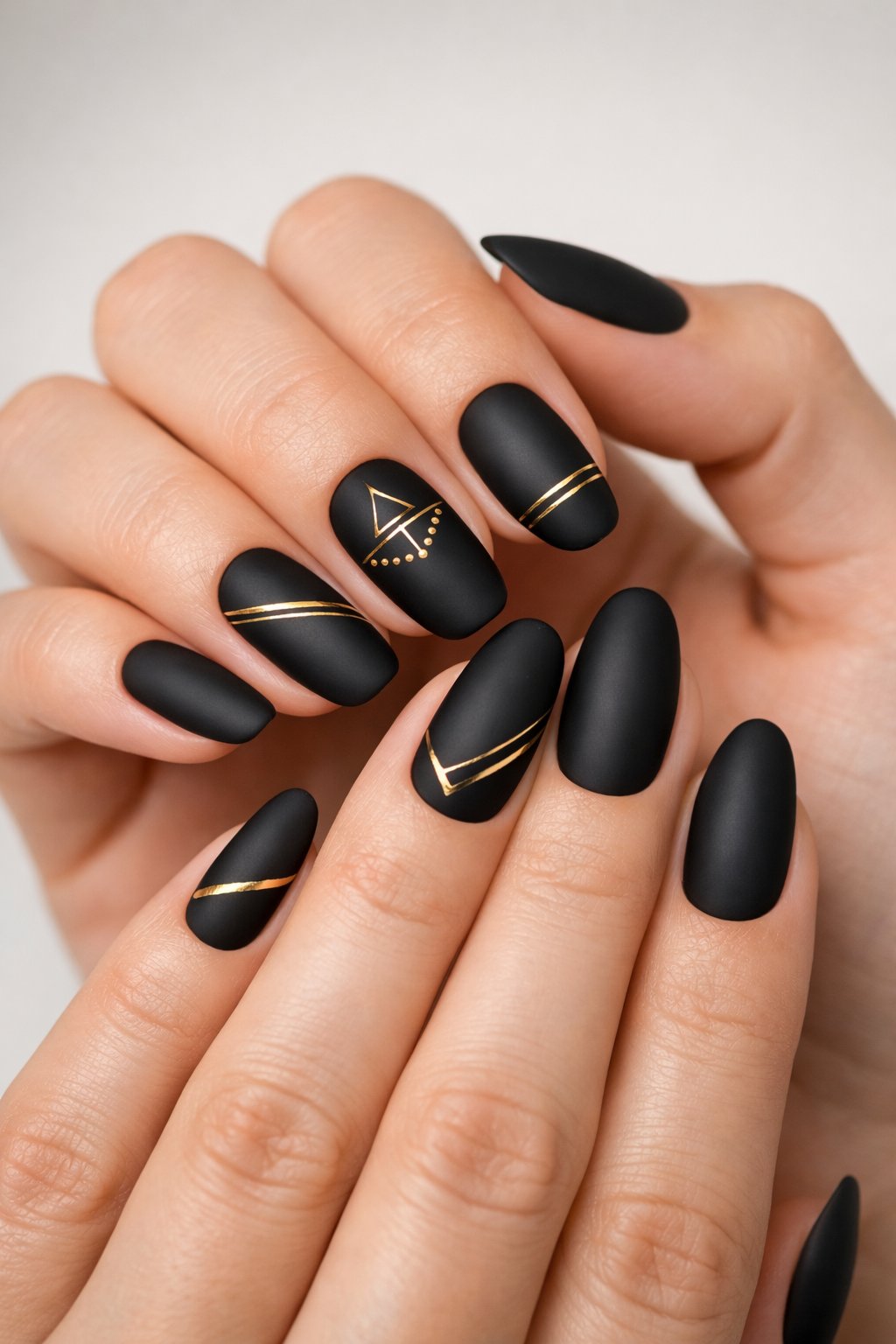 Close-up of hands with matte black nails decorated with gold accents.