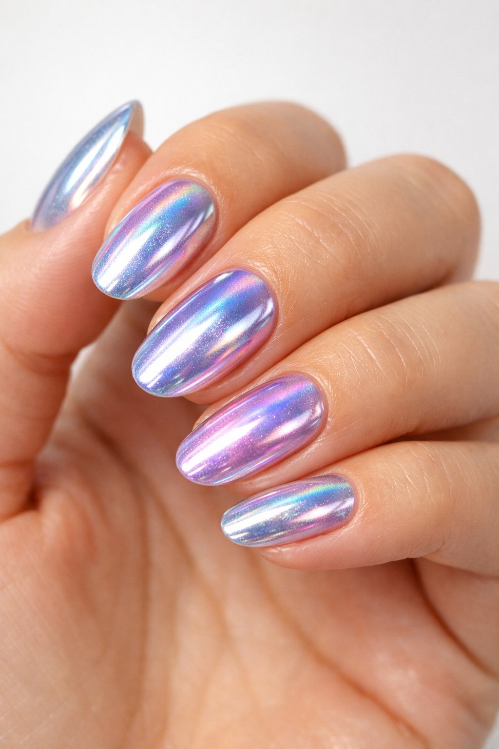Close-up of a woman's hand with shiny holographic chrome gel nails against a plain background.