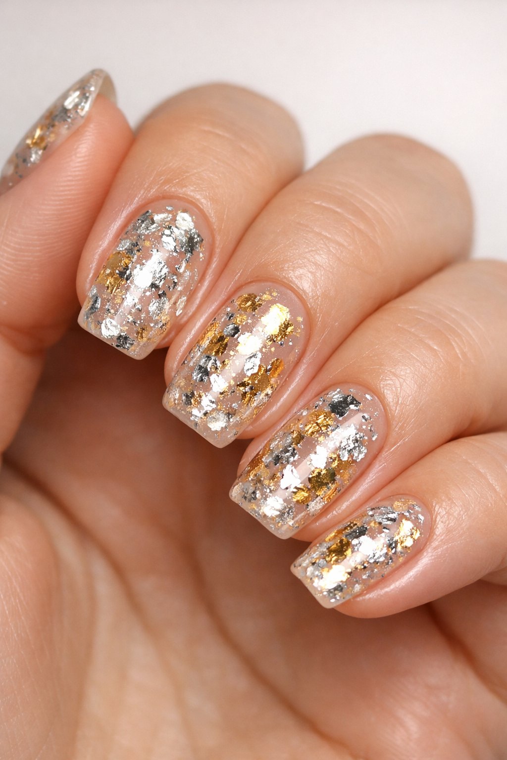 Close-up of a hand with gel nails decorated with metallic foil flakes.