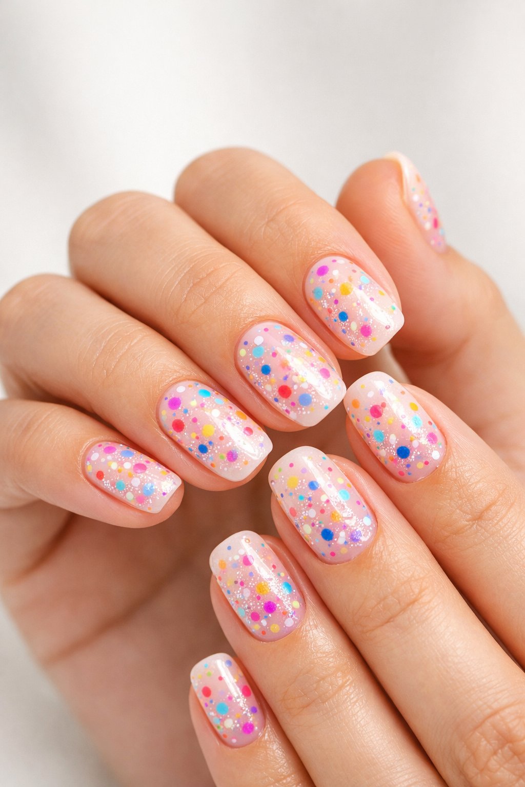 Close-up of a woman's hands with colorful confetti-patterned gel nails against a neutral background.