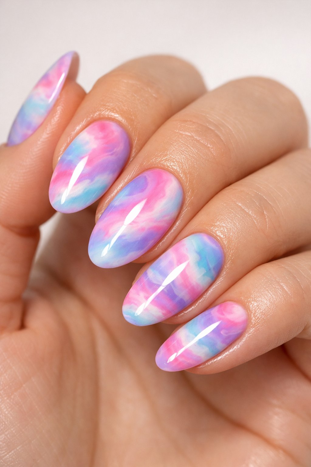 Close-up of a hand with colorful swirled gel nail designs against a neutral background.