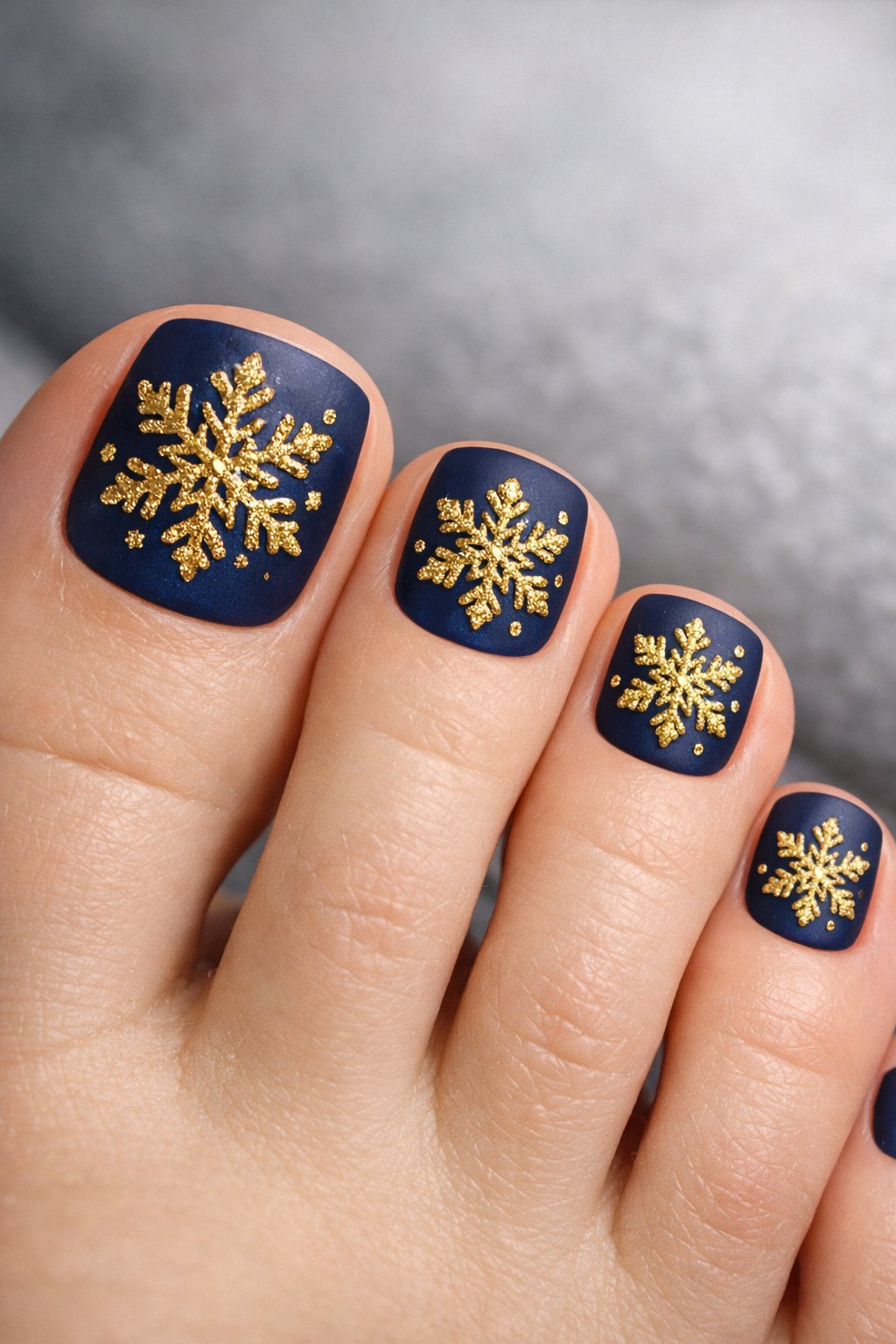 Close-up of toes with navy blue toenail polish decorated with chunky gold snowflake designs.