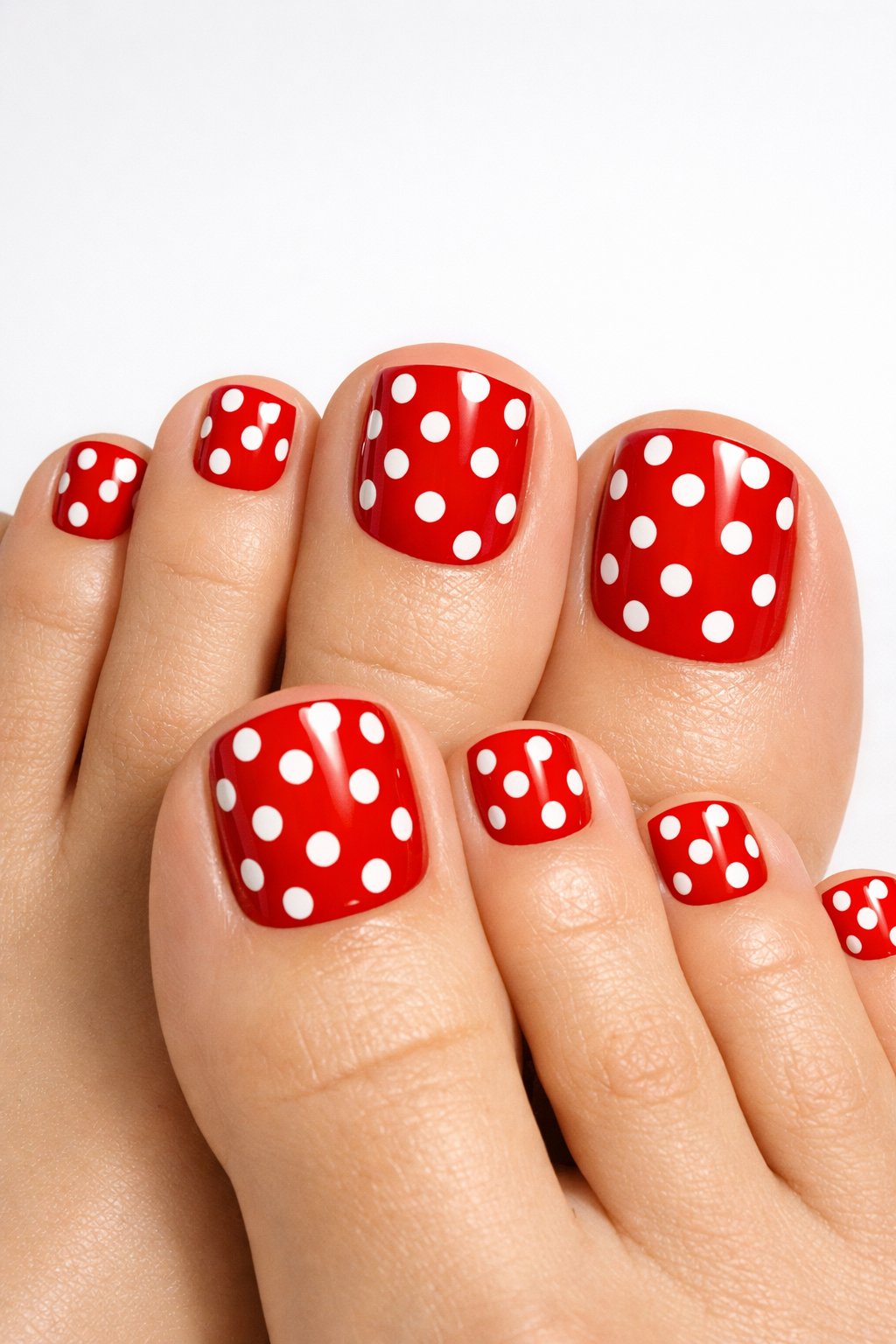 Close-up of toes with red nail polish decorated with white polka dots.