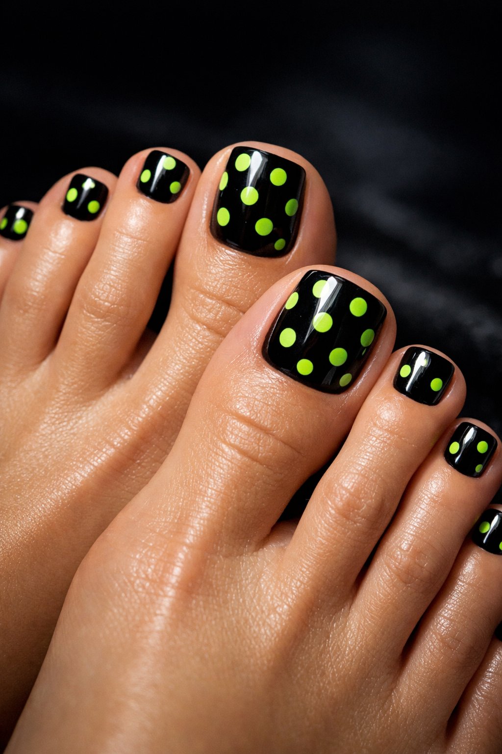 Close-up of feet with toenails painted black and decorated with neon green polka dots.