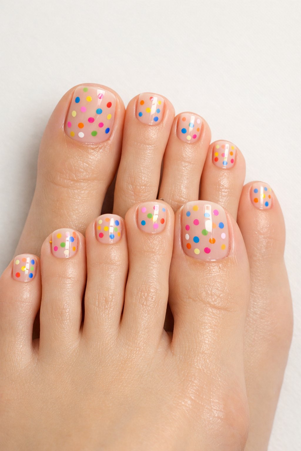 Close-up of feet with clear glossy toenail polish decorated with colorful polka dots.