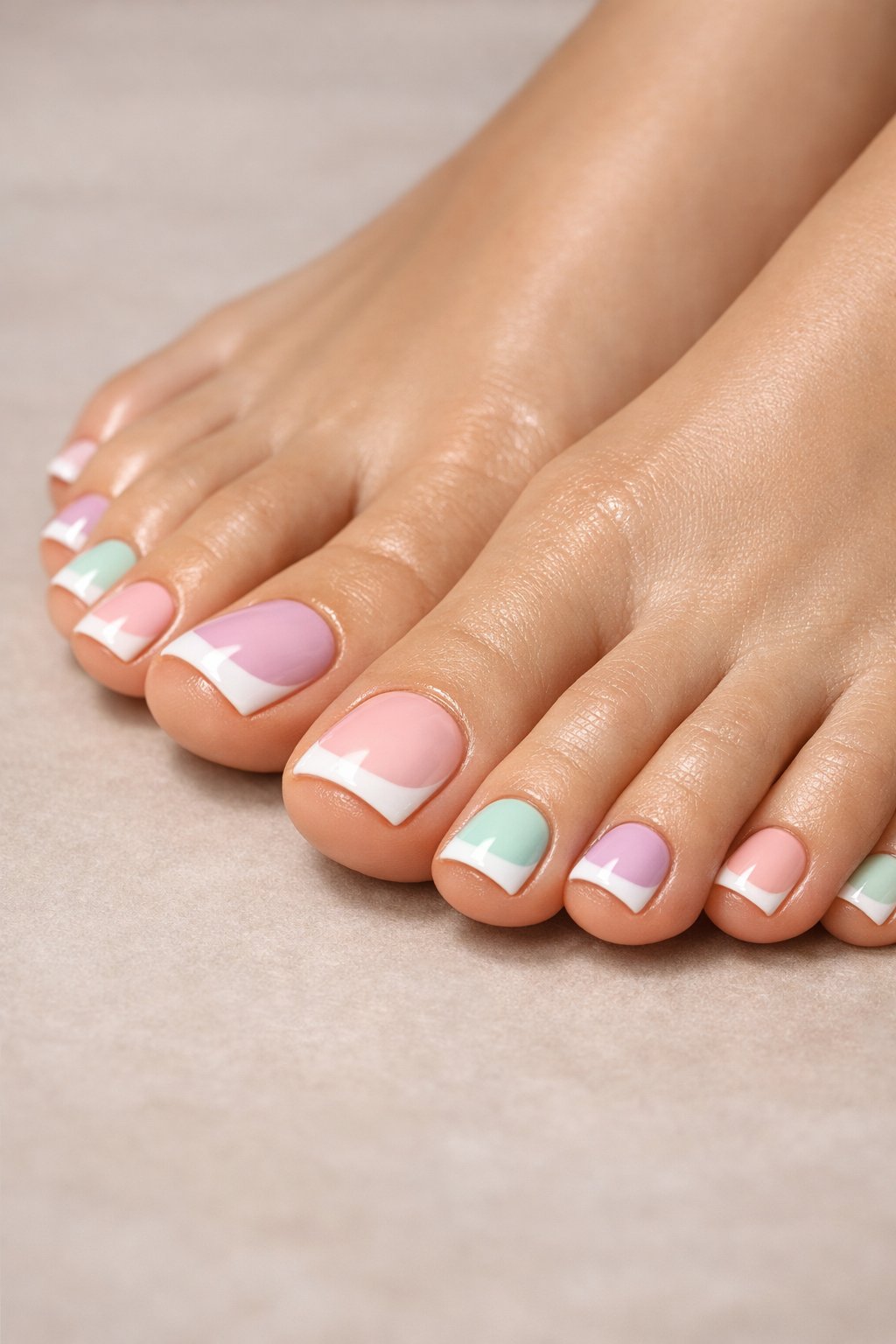 Close-up of feet with toenails painted in classic French tip style accented with pastel colors.