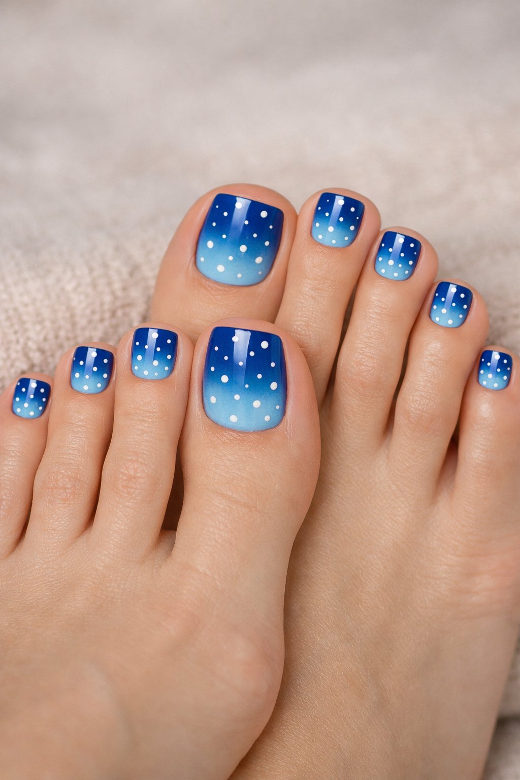 Close-up of feet with toenails painted in blue ombre and white polka dots.