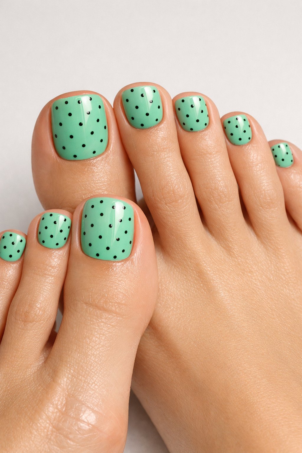 Close-up of feet with toenails painted glossy mint green with tiny black dots on a neutral background.