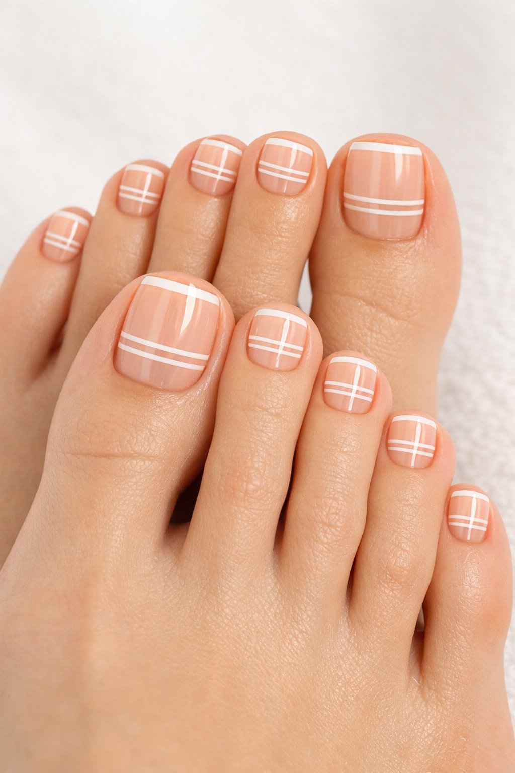 Close-up of feet with toenails painted in sheer peach and thin white stripes.