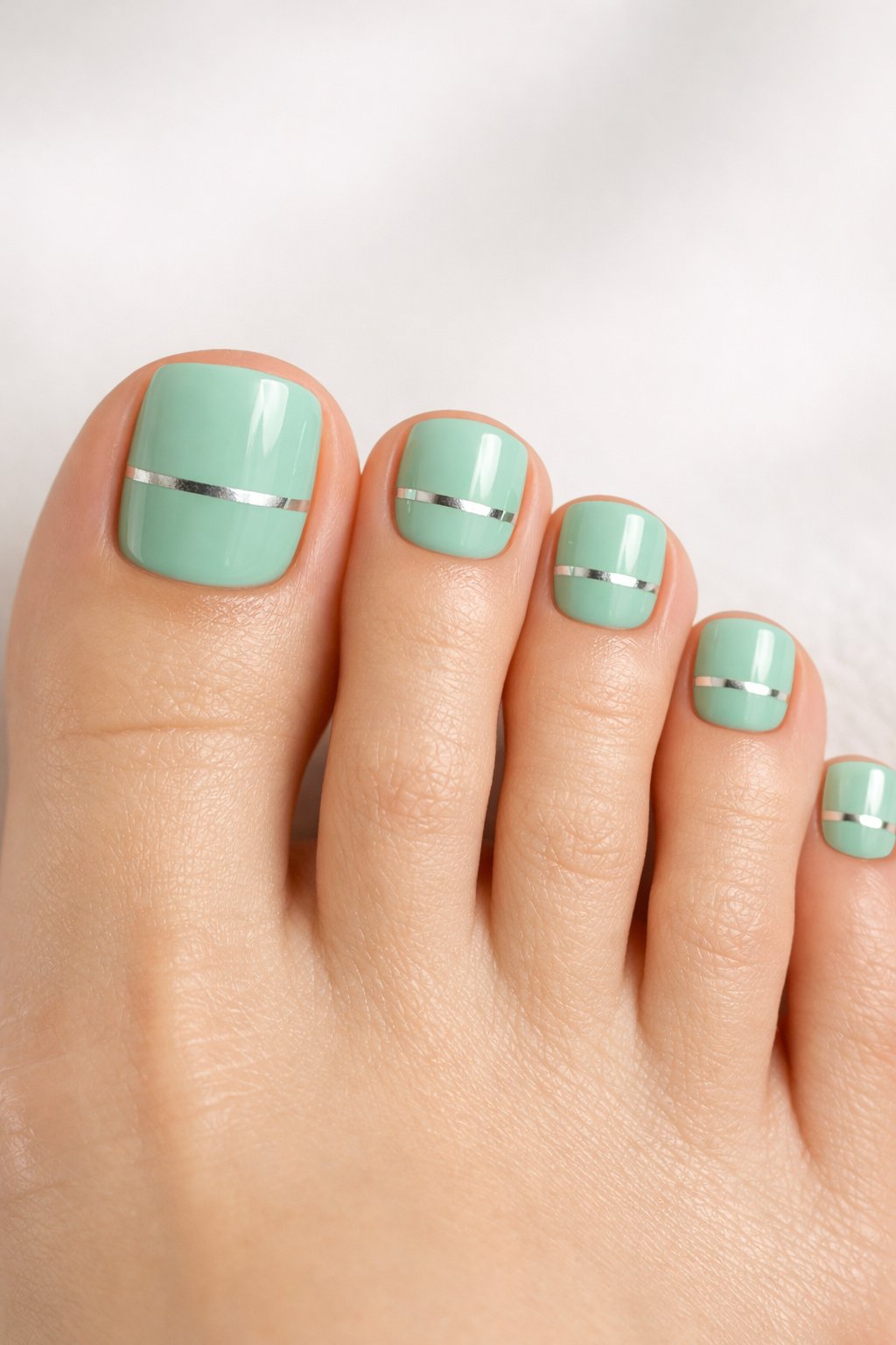 Close-up of a foot with toenails painted mint green with a single silver stripe on each nail.