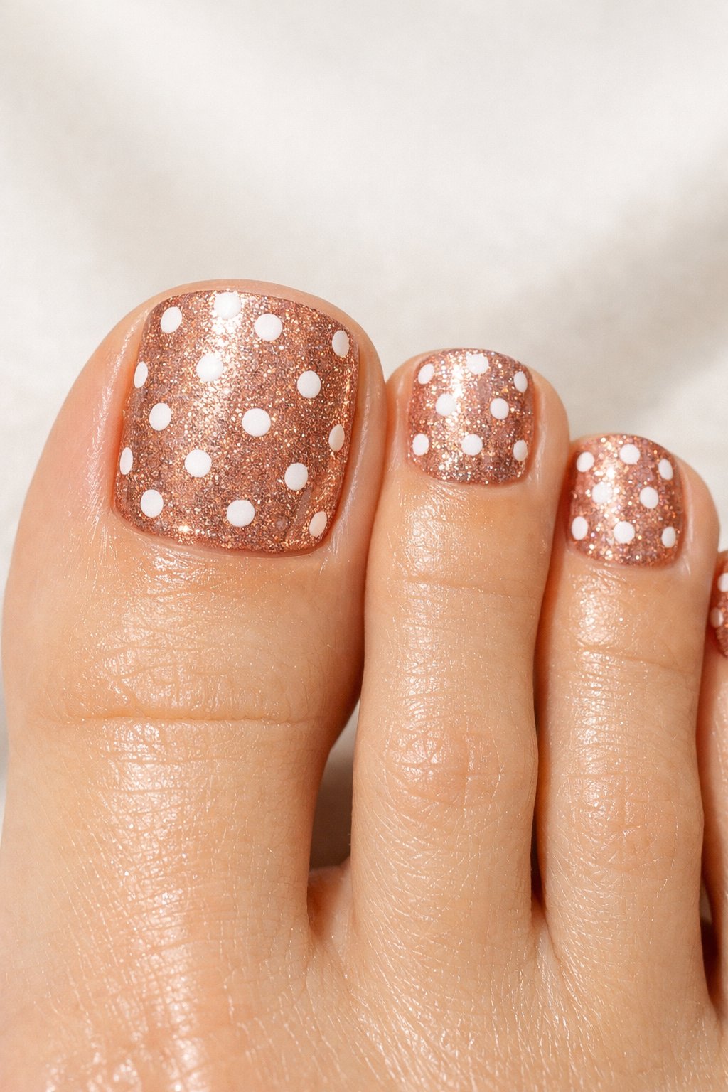 Close-up of toes with rose gold toenail polish decorated with white polka dots and glitter.