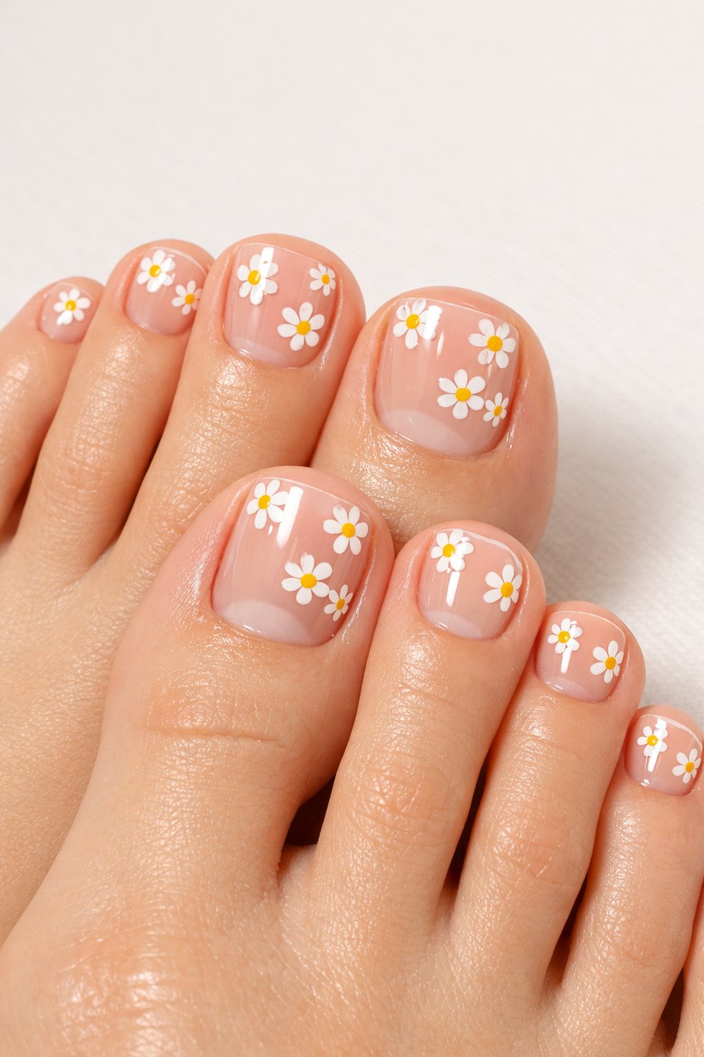 Close-up of feet with clear glossy toenails decorated with small white daisies.