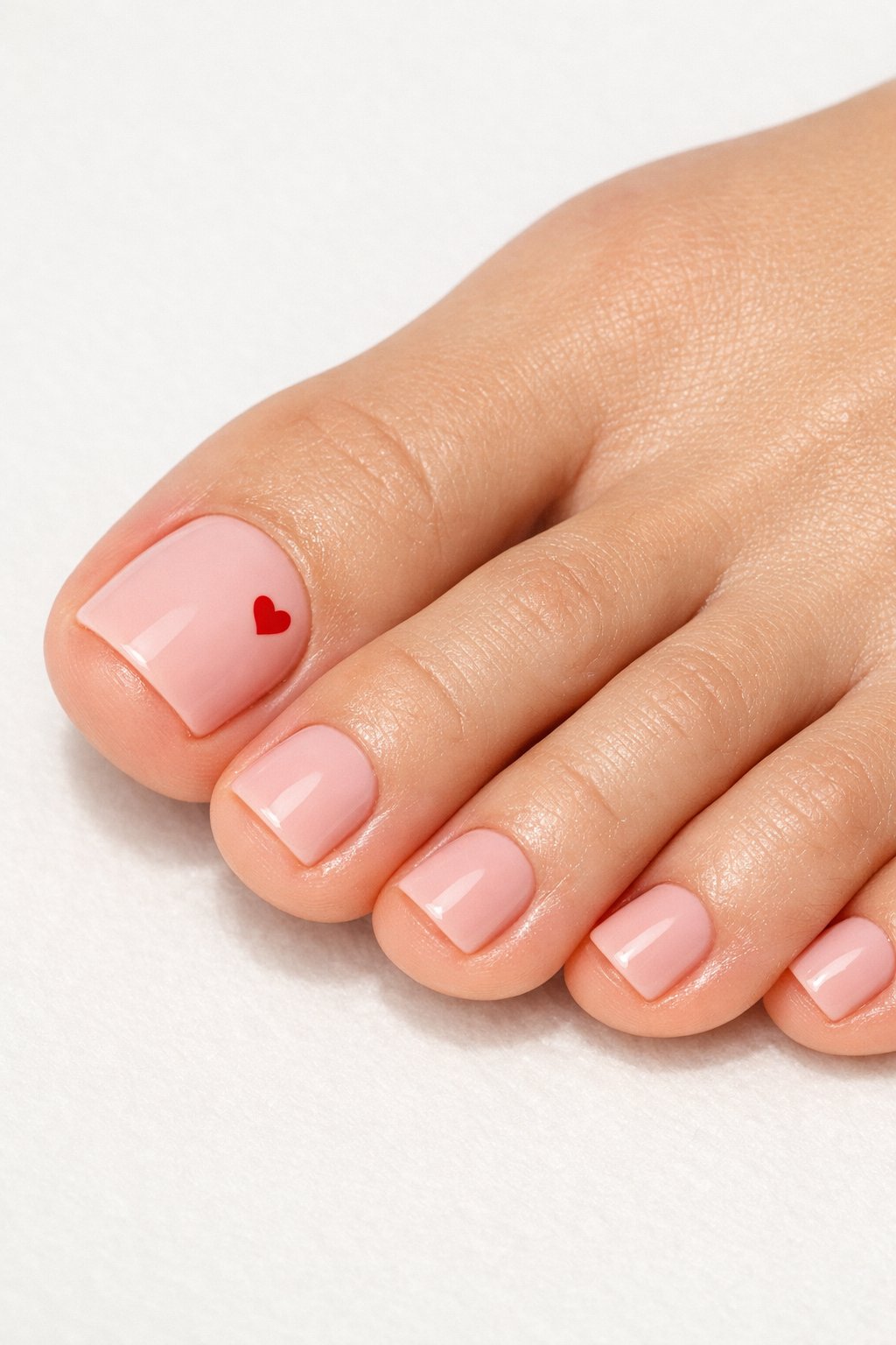Close-up of a foot with toenails painted blush pink and a small red heart near the big toenail cuticle.
