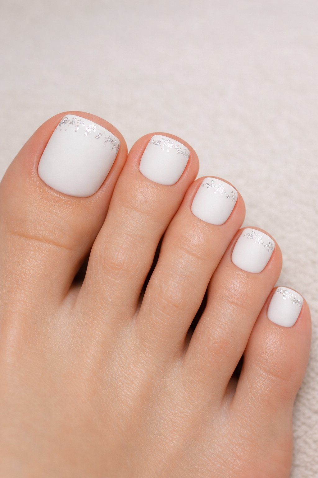 Close-up of feet with matte white toenail polish and small silver glitter accents.