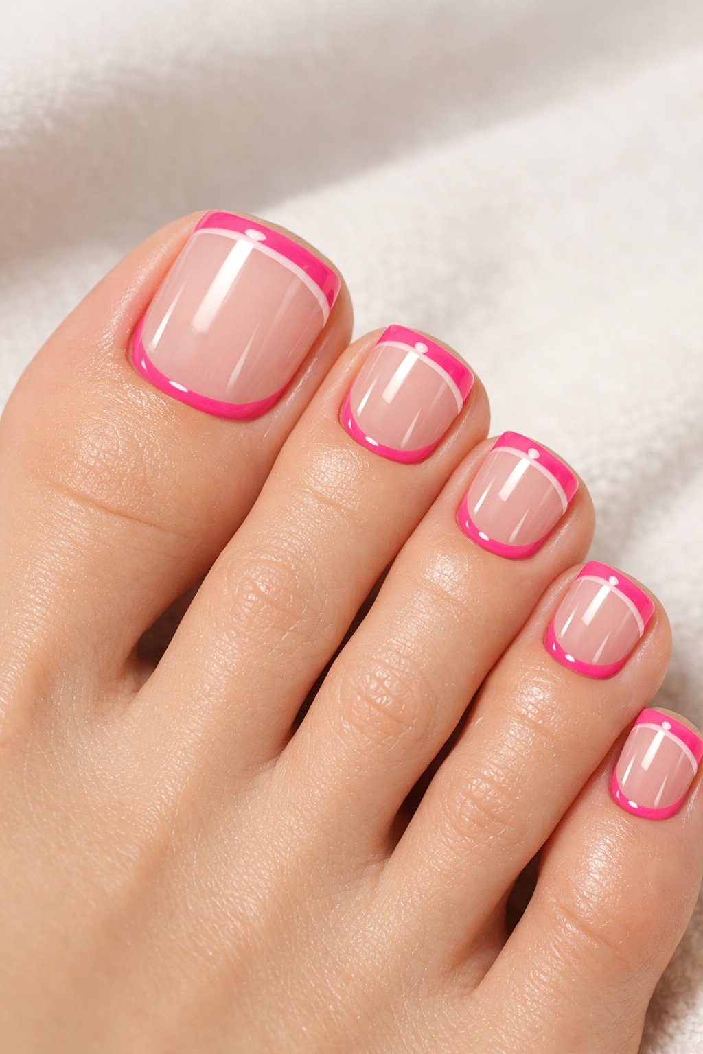 Close-up of a foot with neatly manicured toenails featuring neon pink outlined French tip designs on transparent nails.
