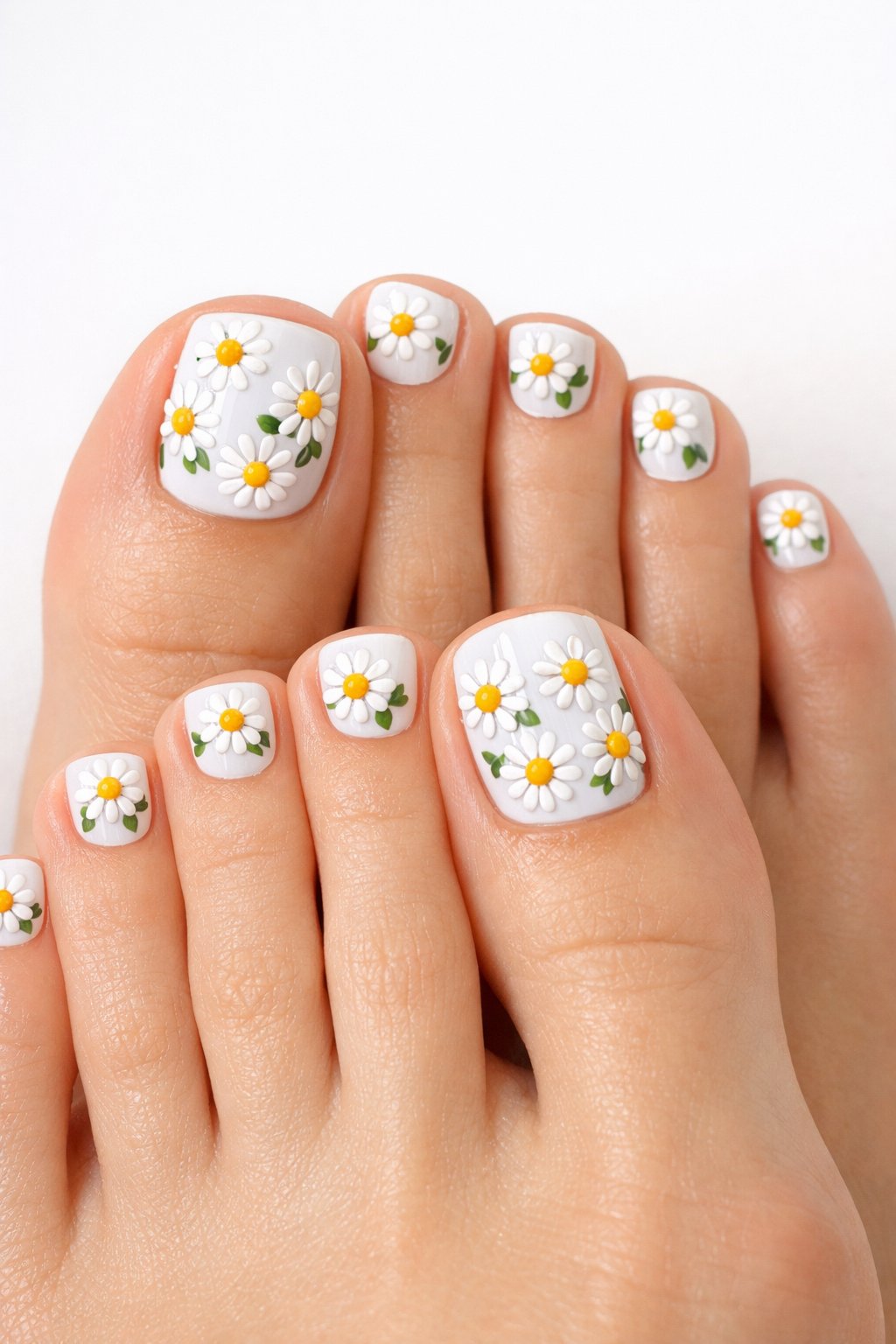 Close-up of feet with toenails painted white and decorated with small hand-painted daisies.