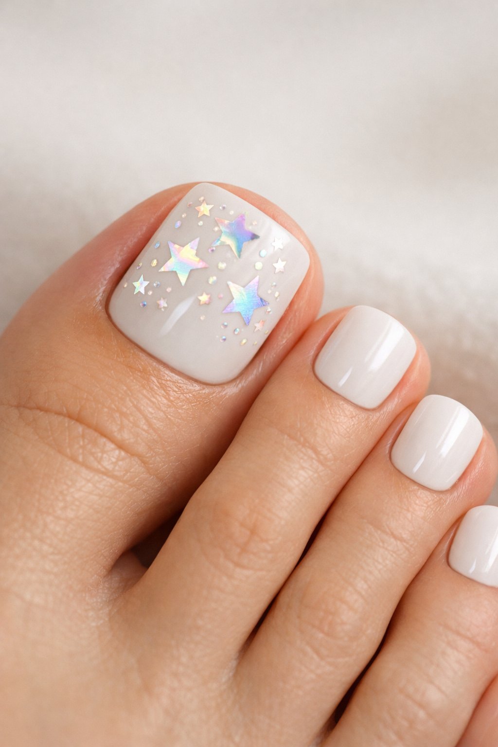 Close-up of a foot with white polished toenails, featuring holographic star decorations on the big toenail.