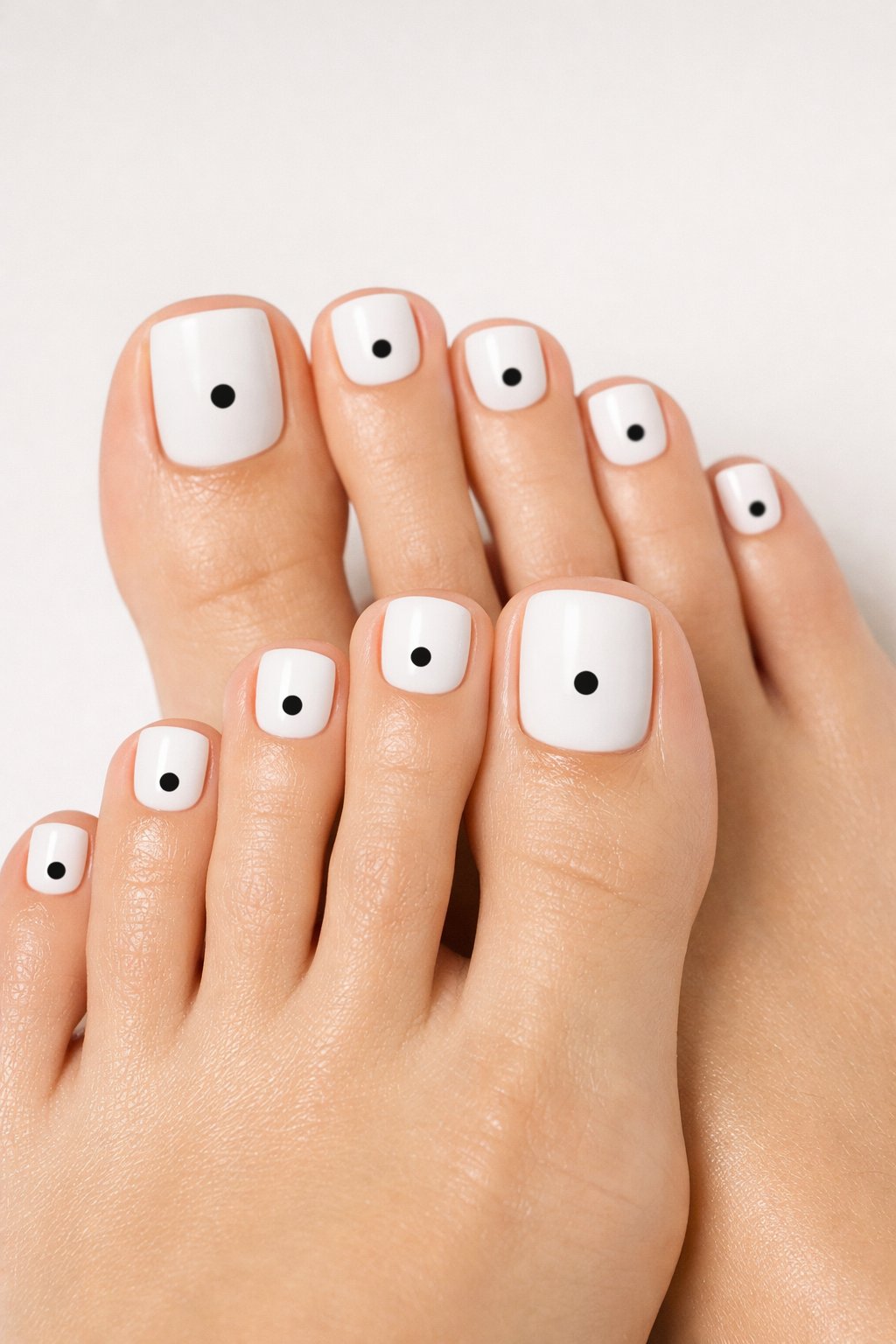 Close-up of feet with white toenails, each nail decorated with a single black dot.
