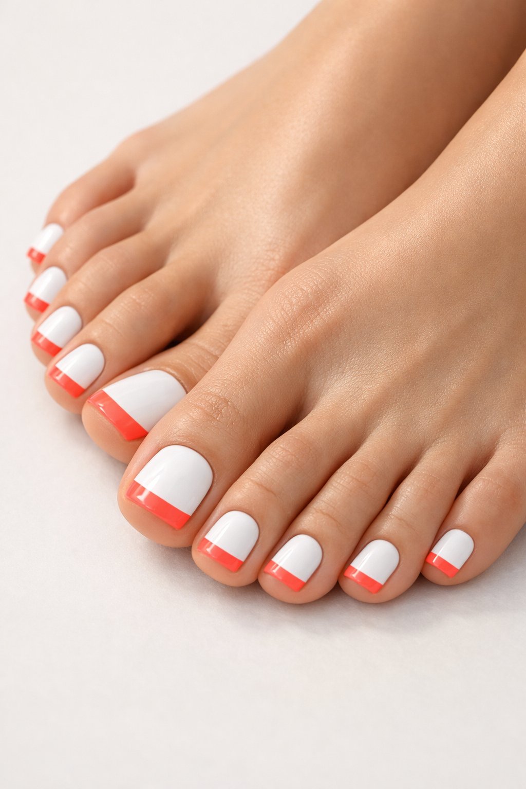 Close-up of feet with toenails painted bright white and neon coral tips on a neutral background.