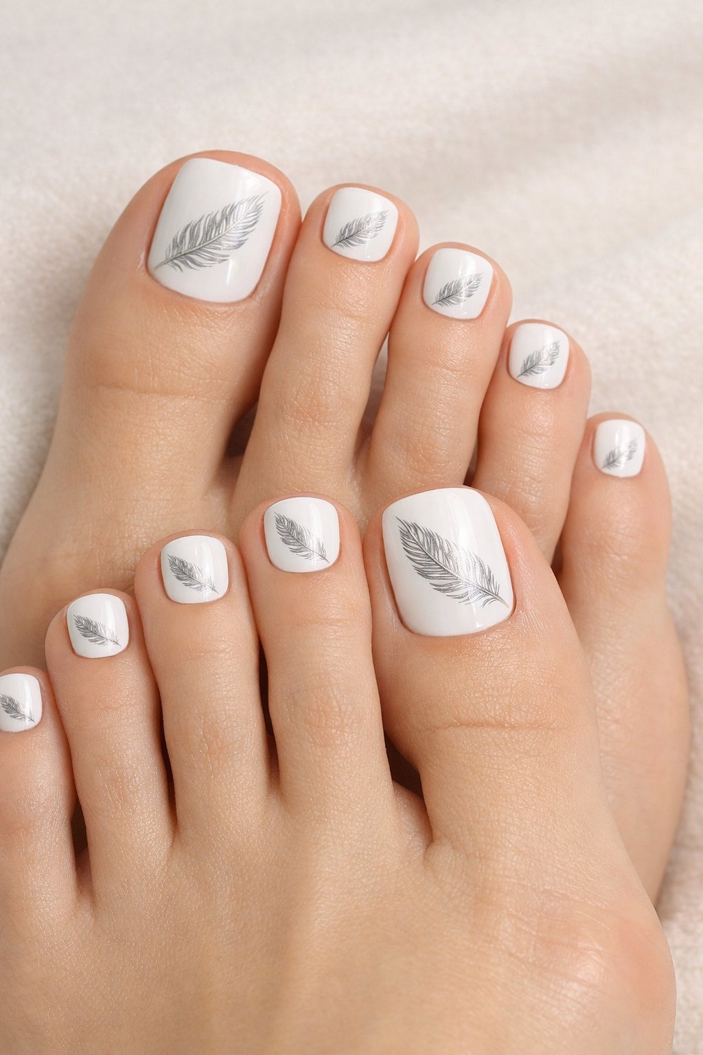 Close-up of feet with white-painted toenails featuring small hand-drawn feather designs.