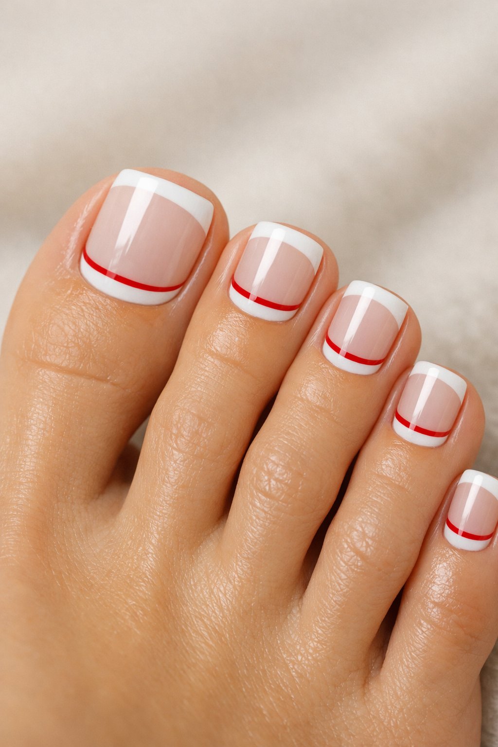 Close-up of female feet with French tip toenails accented by a thin red stripe at the base.