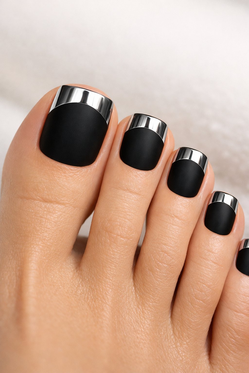 Close-up of a woman's toes with matte black nails featuring shiny chrome tips.