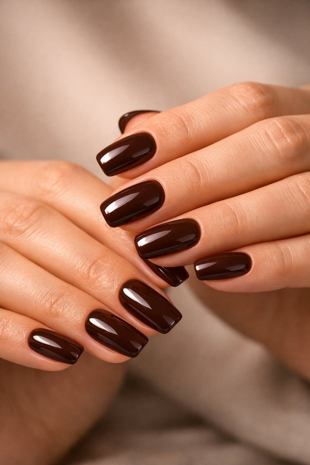 Close-up of hands with glossy chocolate brown painted nails against a neutral background.