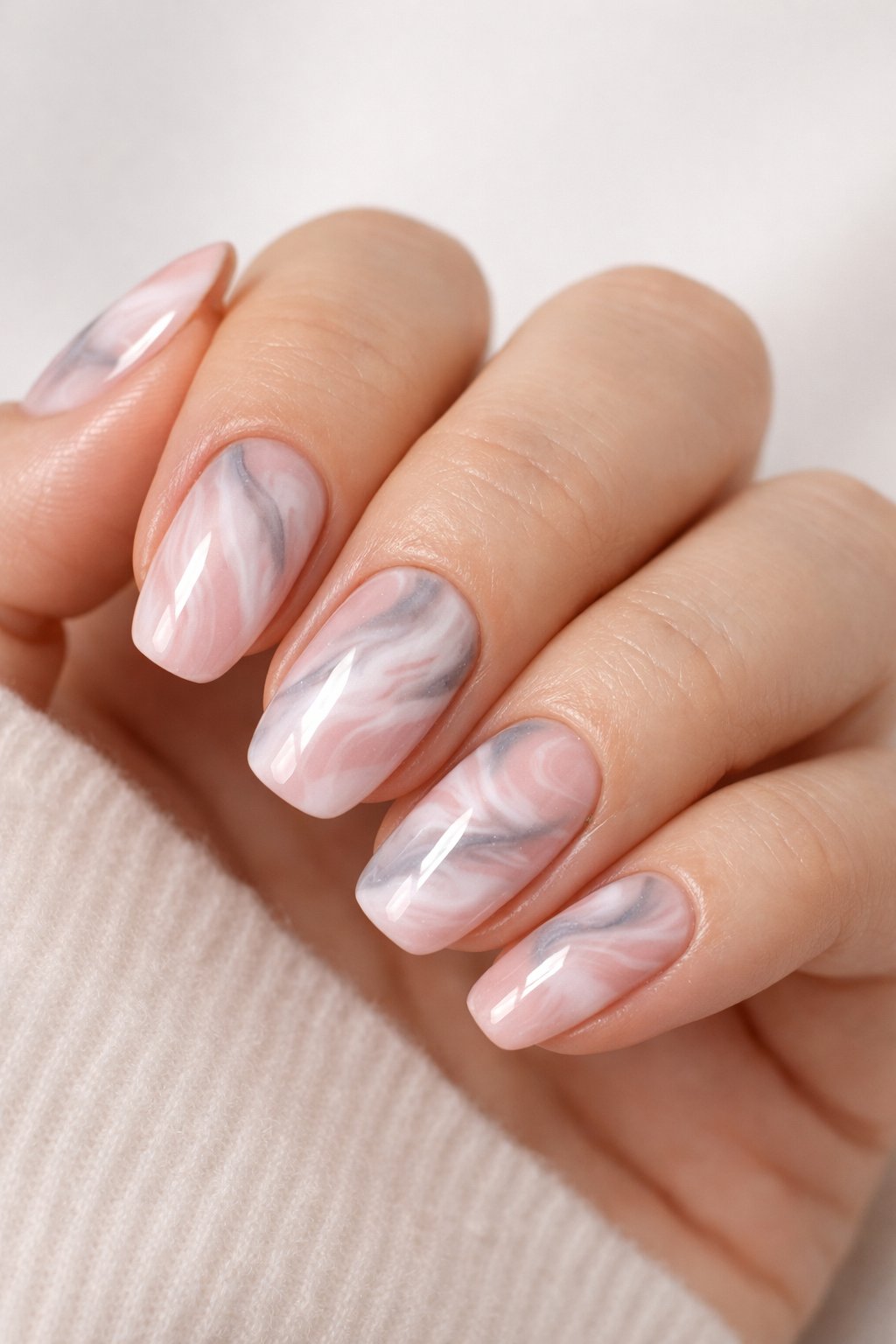 Close-up of a hand with manicured nails featuring pink and grey marbled nail art.