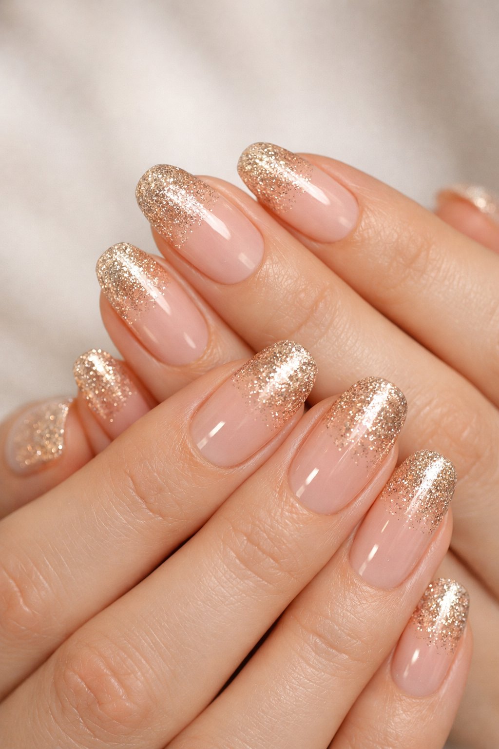 Close-up of hands with nails featuring a champagne glitter gradient design.