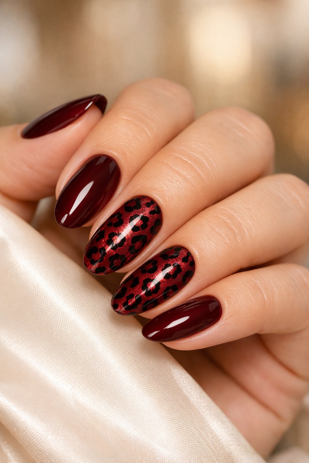 Close-up of a woman's hand with burgundy leopard print nail art resting on a smooth surface.