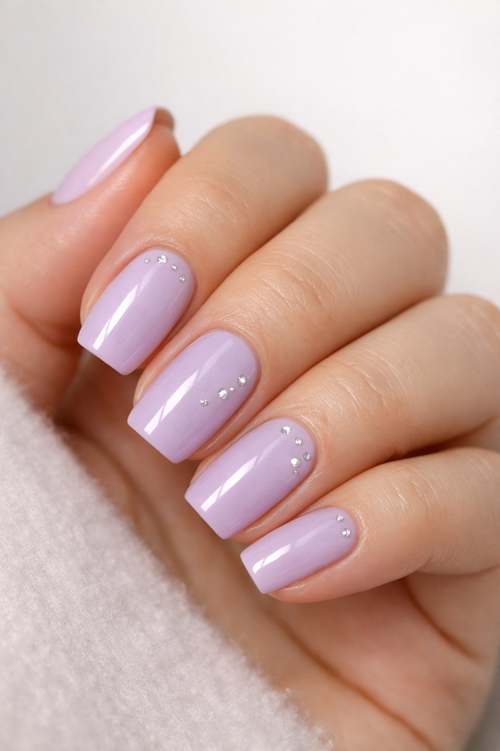 A close-up of a hand with soft lilac colored nails decorated with small silver dots.
