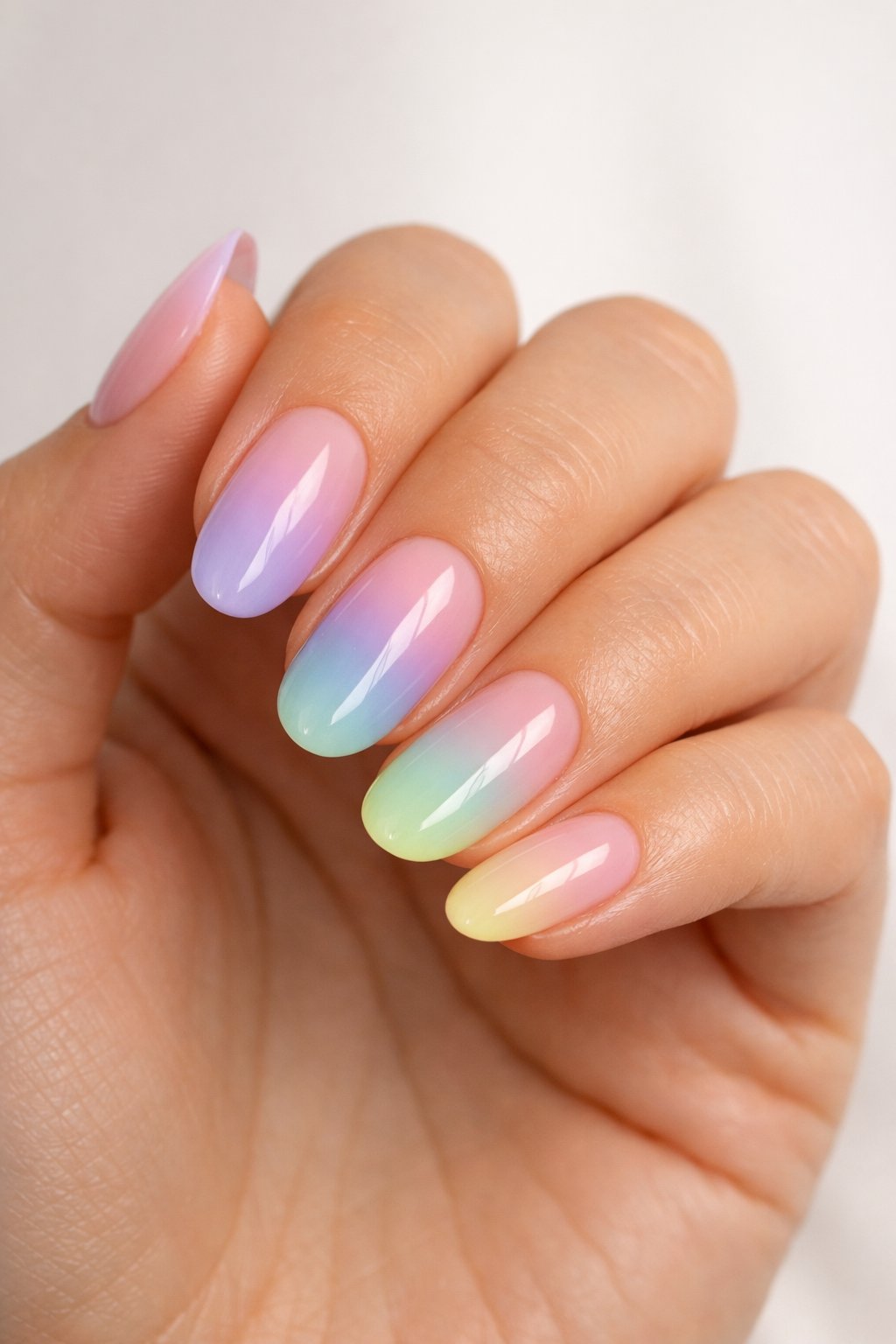 Close-up of a woman's hand with pastel rainbow ombre nails against a neutral background.