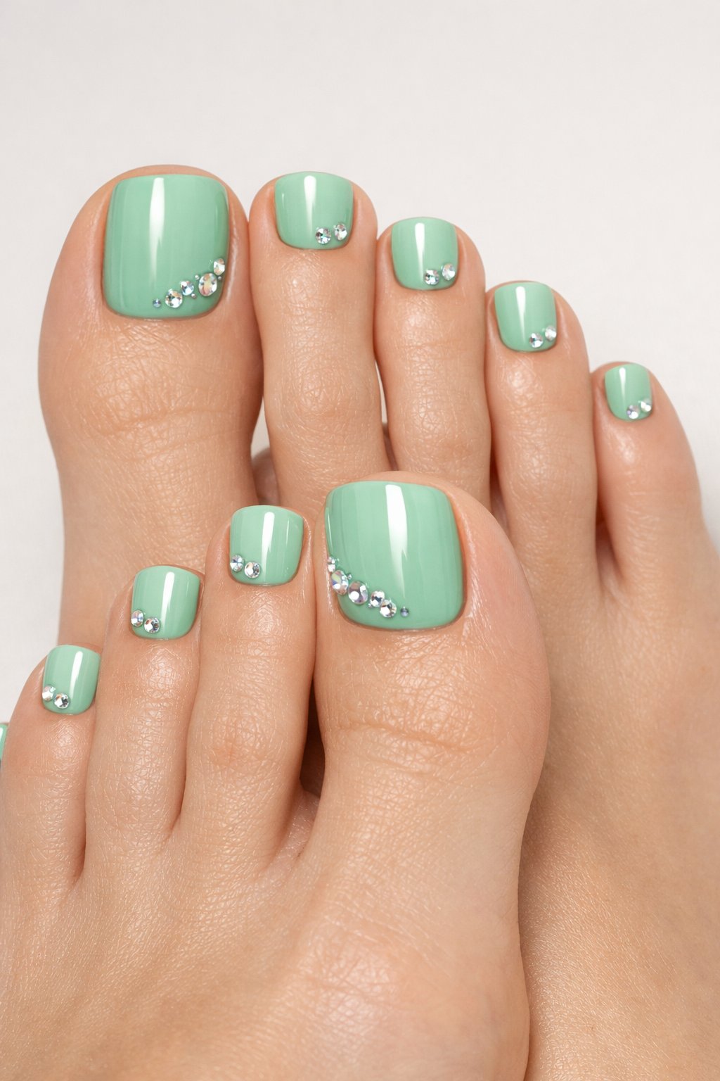 Close-up of feet with mint green toenail polish decorated with small rhinestones.