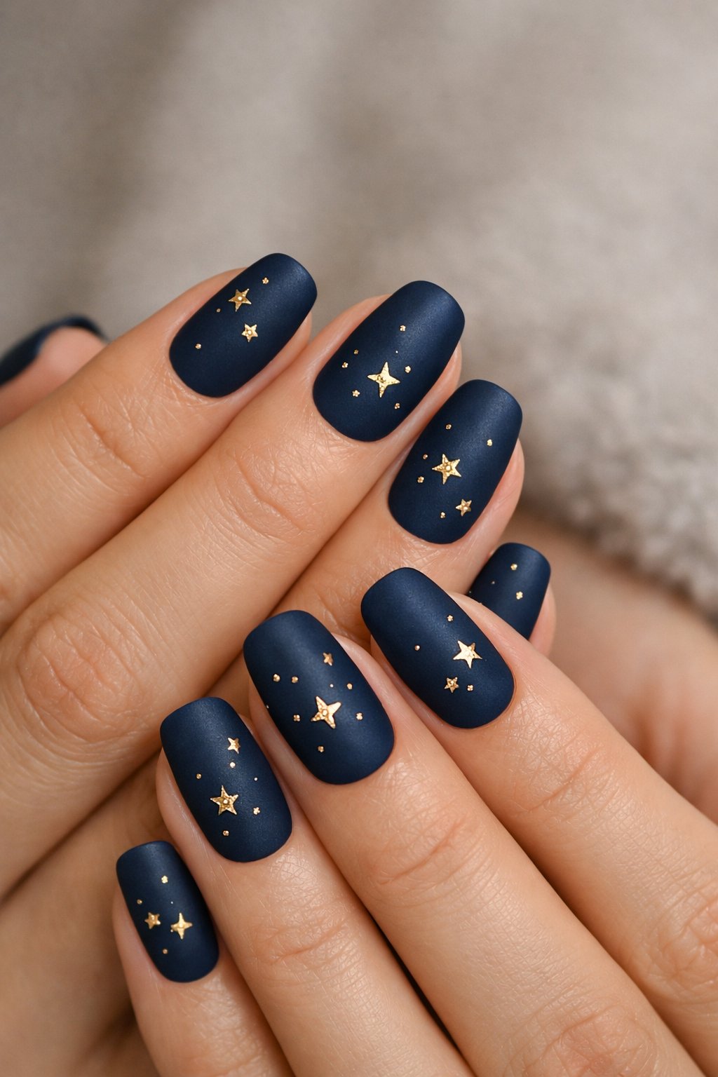 Close-up of hands with matte navy blue nails decorated with small gold stars.