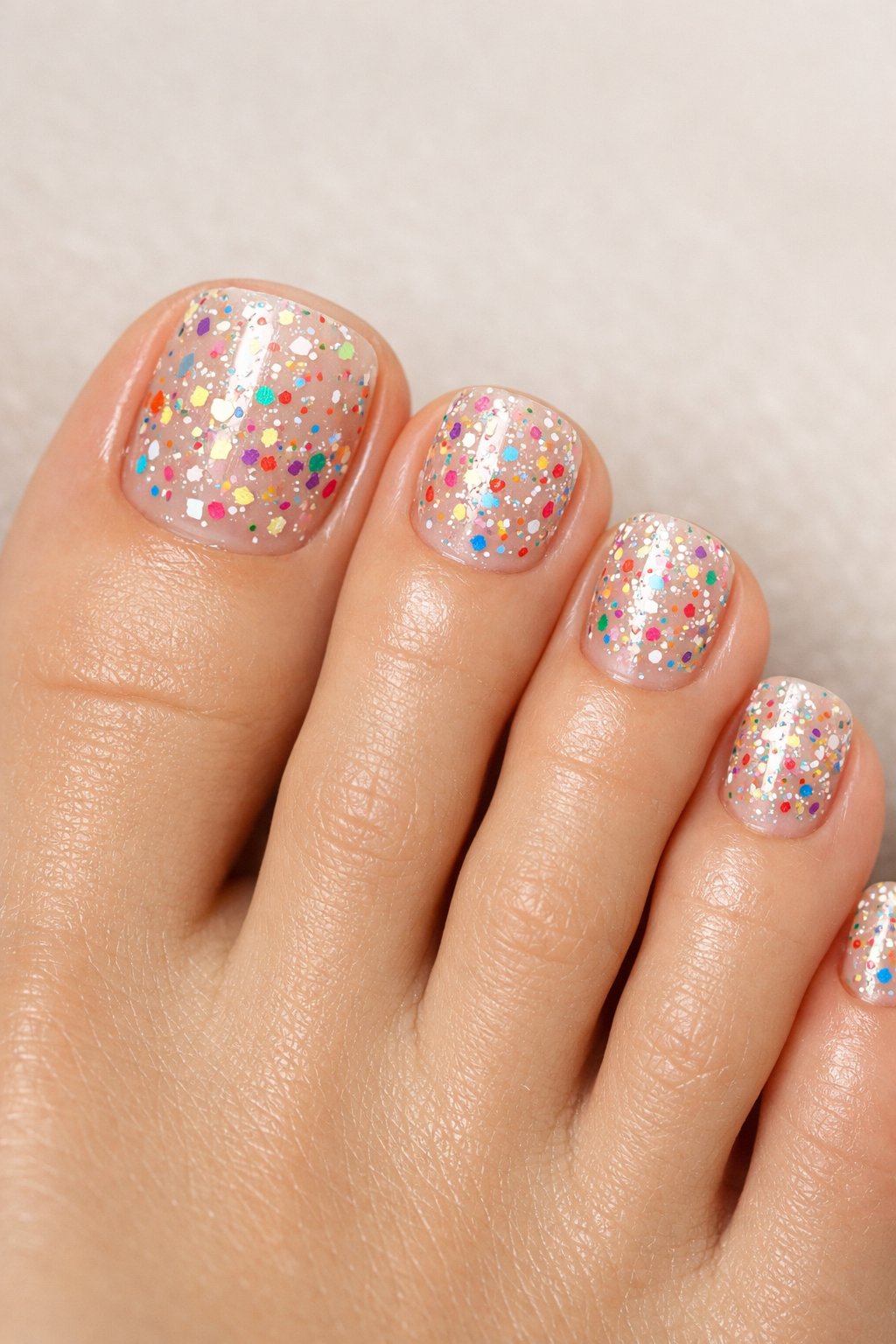 Close-up of toes with clear nail polish containing colorful confetti flecks.